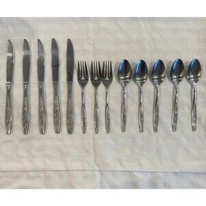Ekco Eterna Rose Cotillion Stainless Flatware Knife Fork Spoon 13 Pieces Vintage
